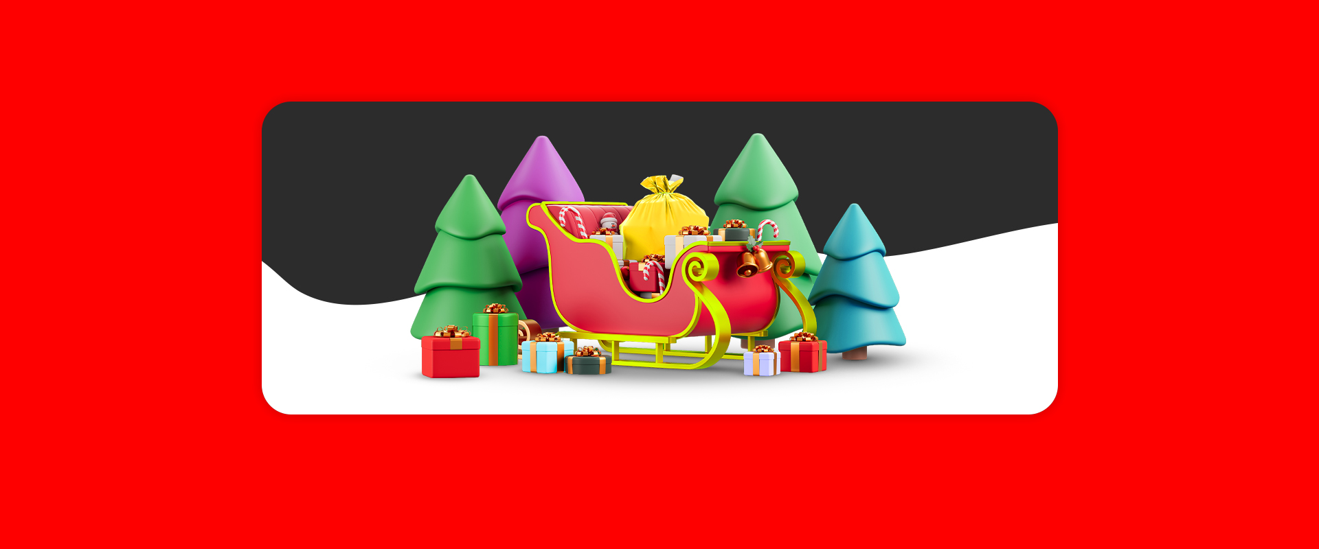 Eine Winterlandschaft mit Weihnachtsschlitten, Geschenken und Tannebäumen