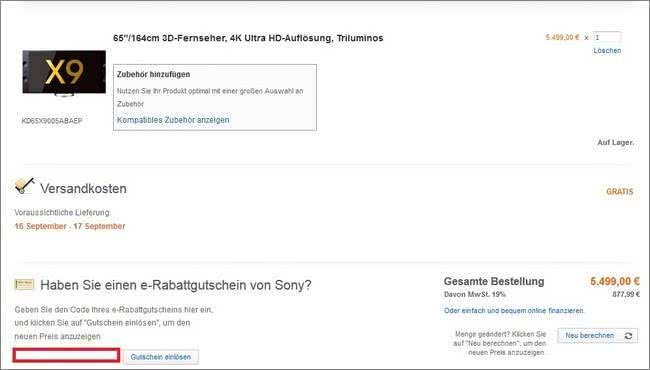 Sony-Gutschein einlösen Euren Sony-Gutscheincode könnt ihr im Warenkorb einlösen