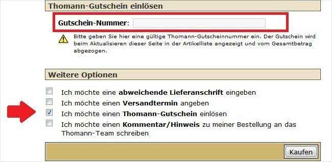 Im rot markierten Feld gebt ihr euren Thomann-Gutscheincode ein Im rot markierten Feld gebt ihr euren Thomann-Gutscheincode ein