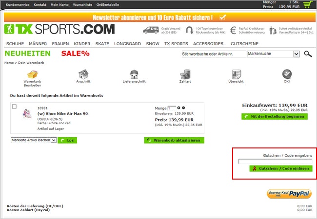 Gutschein einlösen bei TX Sports Bei TX-Sports könnt ihr mit einem Gutschein gutes Geld sparen. Das Einlösen ist ganz einfach.