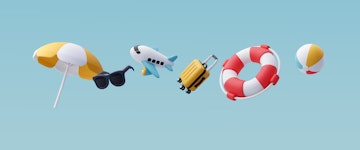 Eine Grafik mit Sonnenschirm, Sonnenbrille, Flugzeug, Koffer, Schwimmring und Ball.