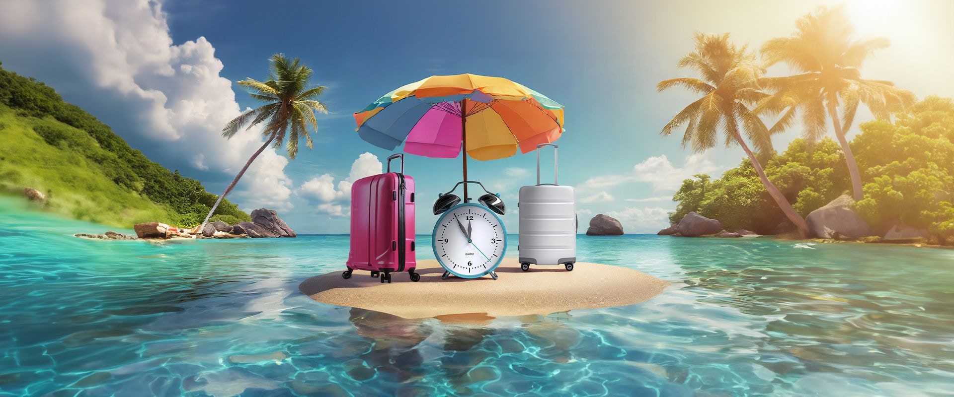 Eine Uhr, zwei Koffer und ein Sonnenschirm auf einer Insel im Meer.