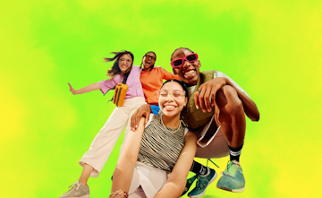 Eine Freundesgruppe. Sie lachen.