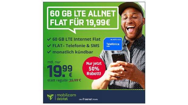 Telefónica 60 GB LTE Allnet Flat für nur 19,99€ statt 39,99€ monatlich