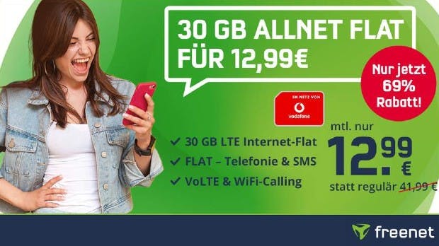 30 GB green LTE Allnet Flat für 12,99€  / Monat