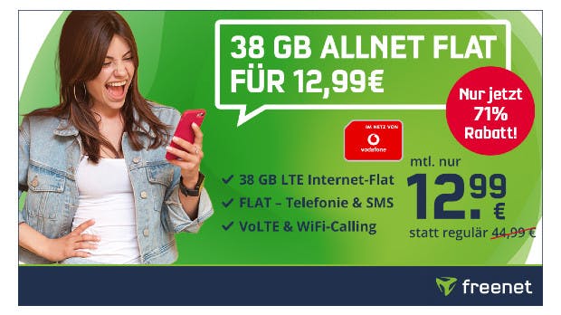 Allnet Flat 38 GB für 12,99€ statt 44,99€ monatlich