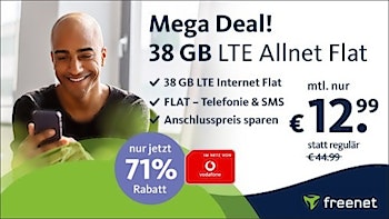 Mega Deal! 38 GB Allnet Flat + Telefonie- & SMS-Flat für 12,99€ mtl.