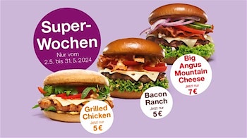 Burgerme Superwochen: Mountain Cheese für 7€ , Bacon Ranch & Grilled Chicken für 5€
