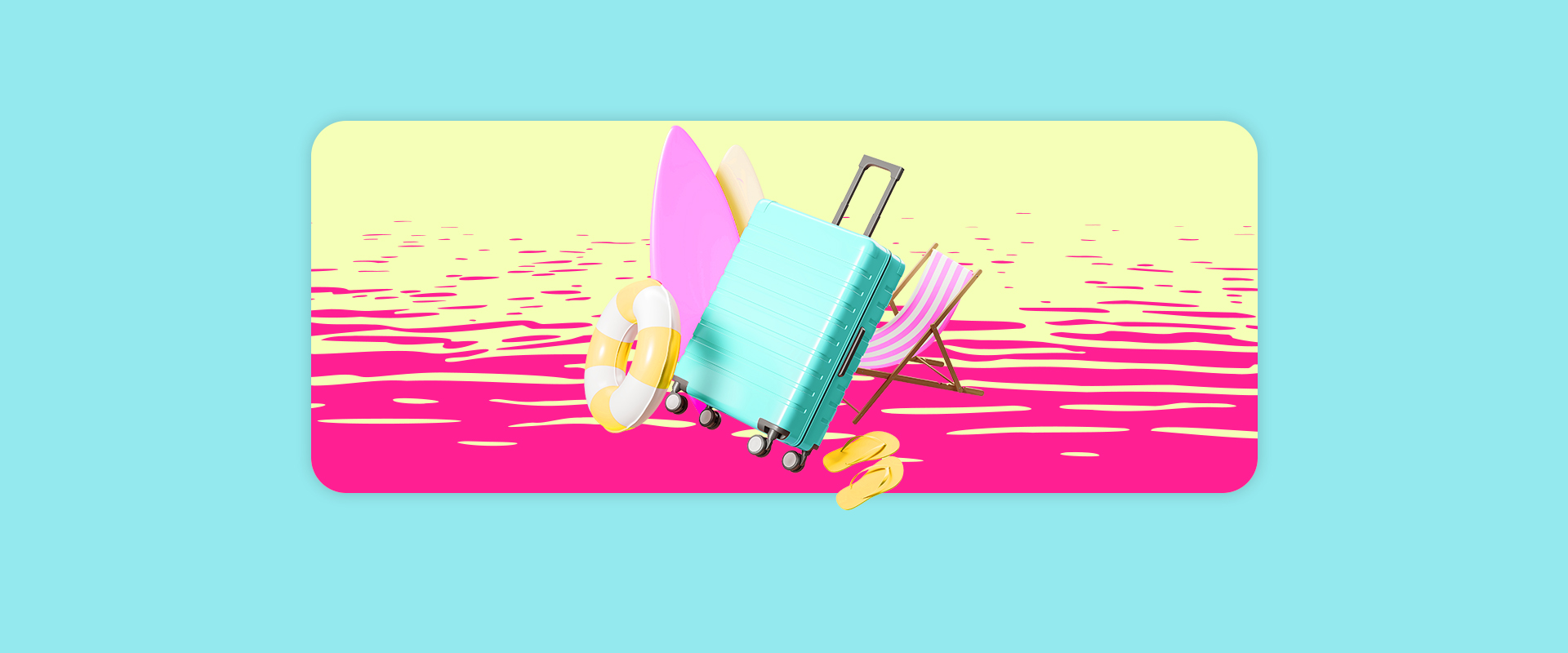 Ein Koffer, ein Surfboard, ein Schwimmring, ein Liegestuhl und Flip Flops