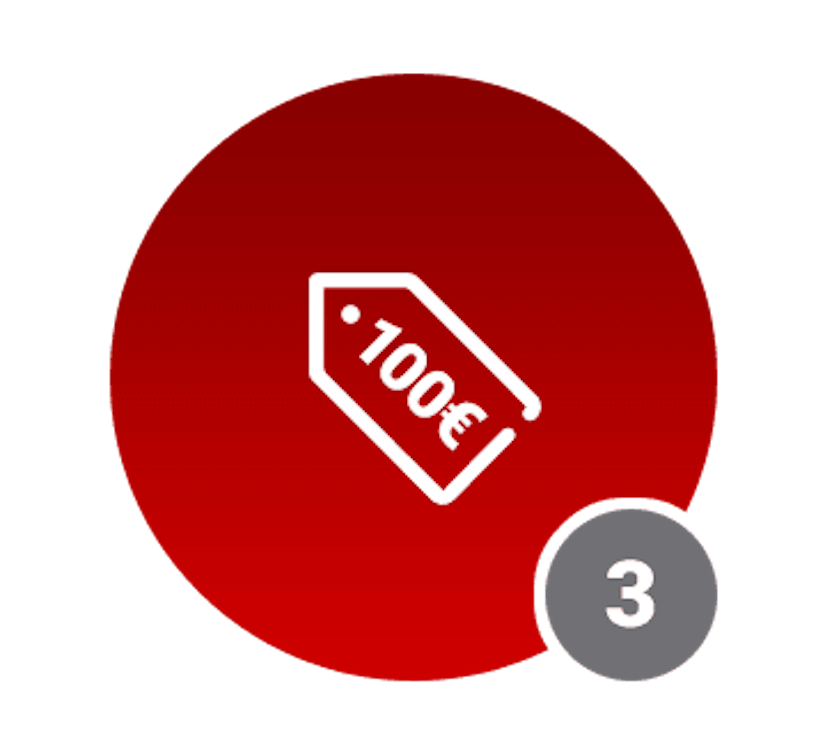 Ein roter Kreis mit einem 100€-Icon